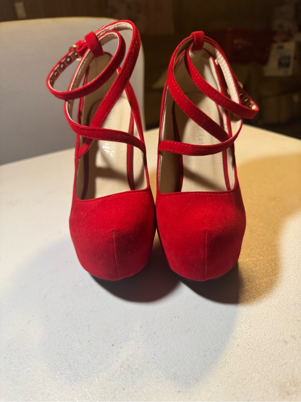 Red Suede Crisscross Ankle Strap Platform Heels